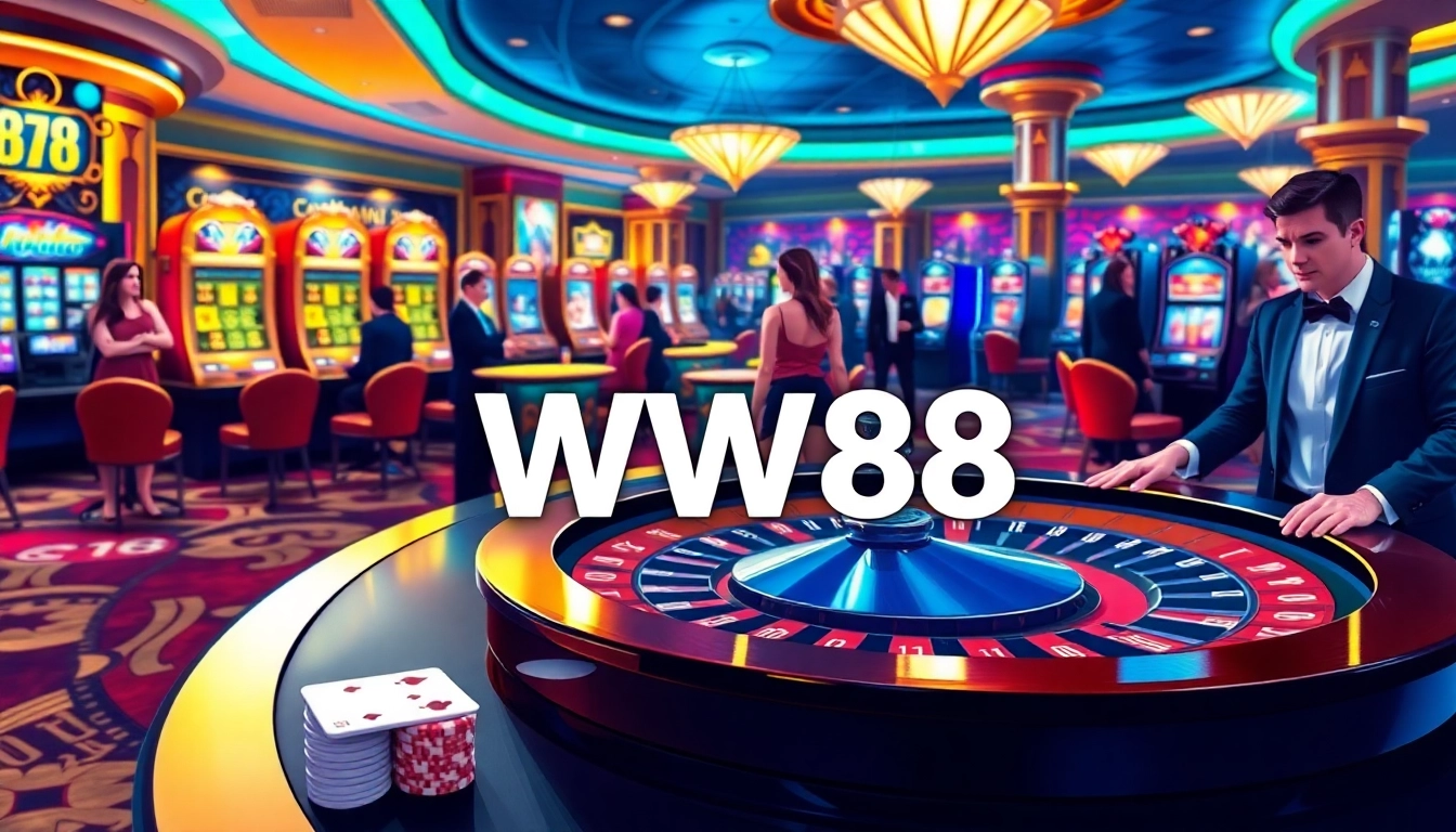 Players engage in thrilling games at WW88 casino, featuring roulette and vibrant slot machines.
