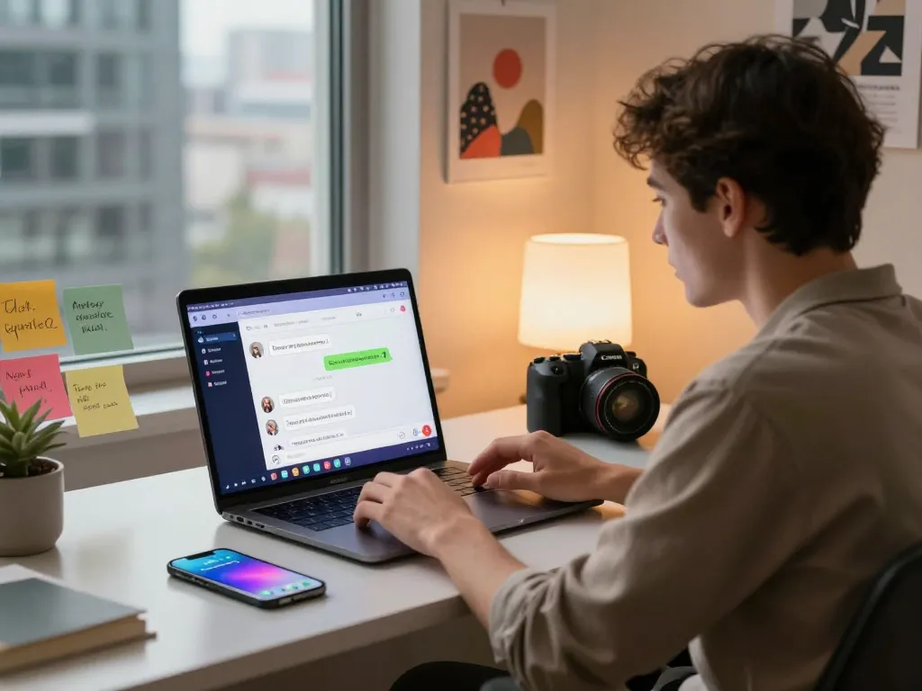 Engaging conversation on an ai nsfw platform with user-friendly digital interface and vibrant chat elements in a modern workspace.