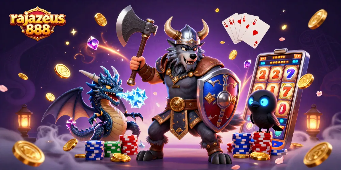 Experience thrilling gameplay with rajazeus 888 as Viking warriors and dragons celebrate slots.