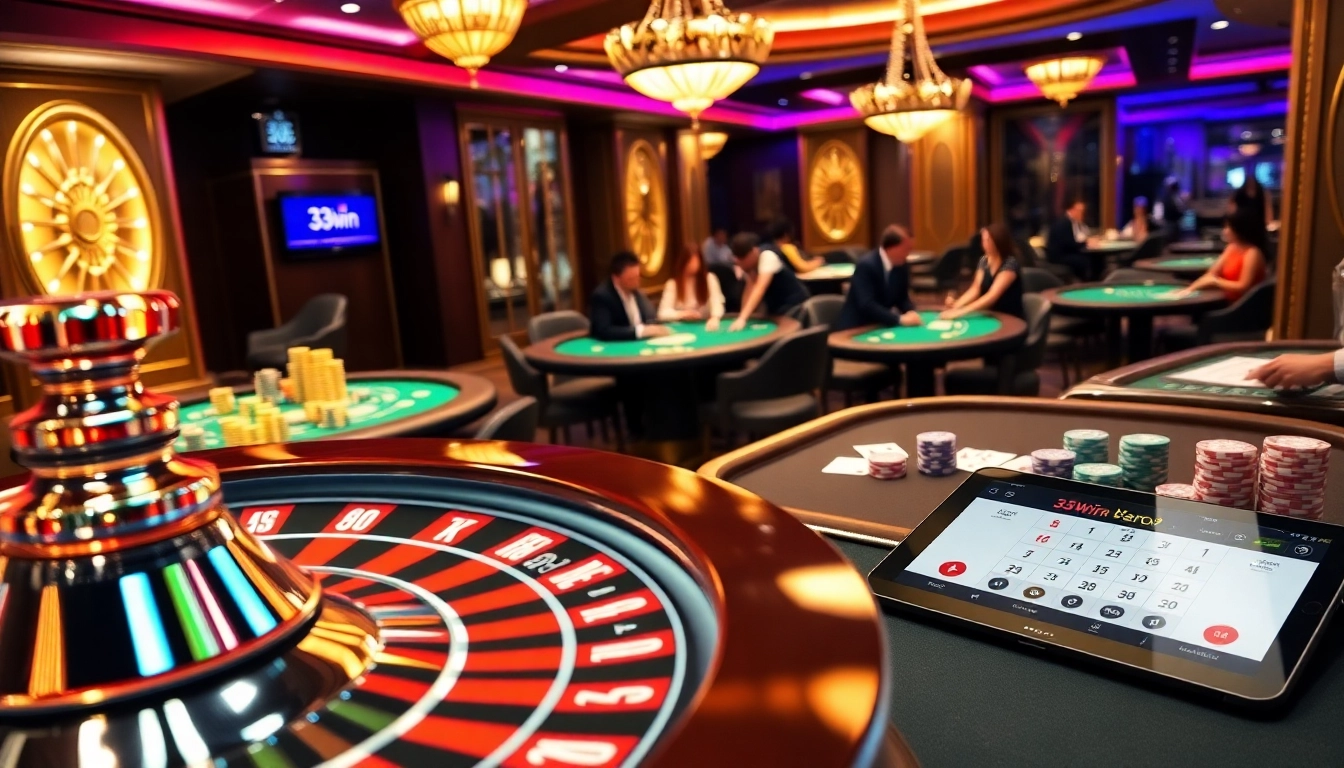 Experience the excitement of 33win with players engaged at casino tables and a vivid roulette wheel.