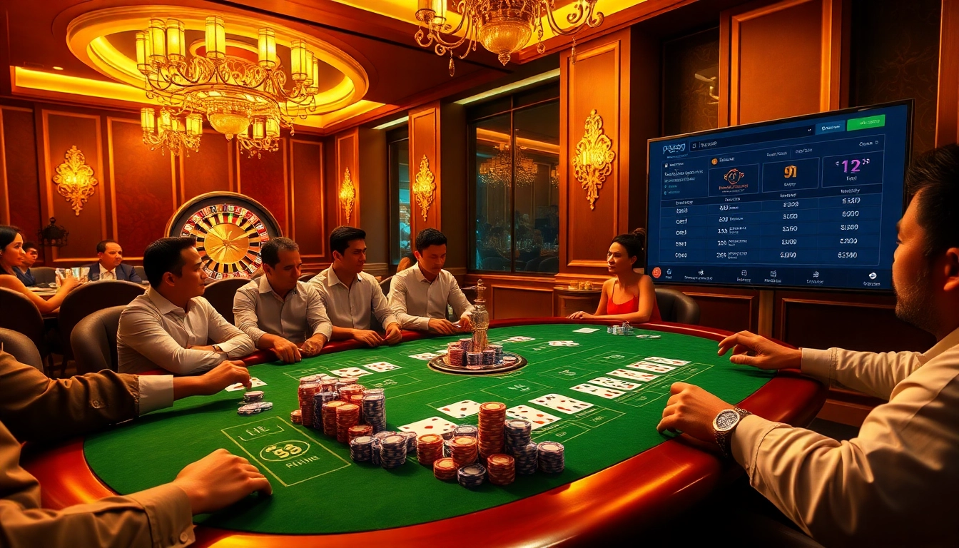 Engage with thrilling gaming action at nhà cái PS99 casino featuring poker chips and roulette.