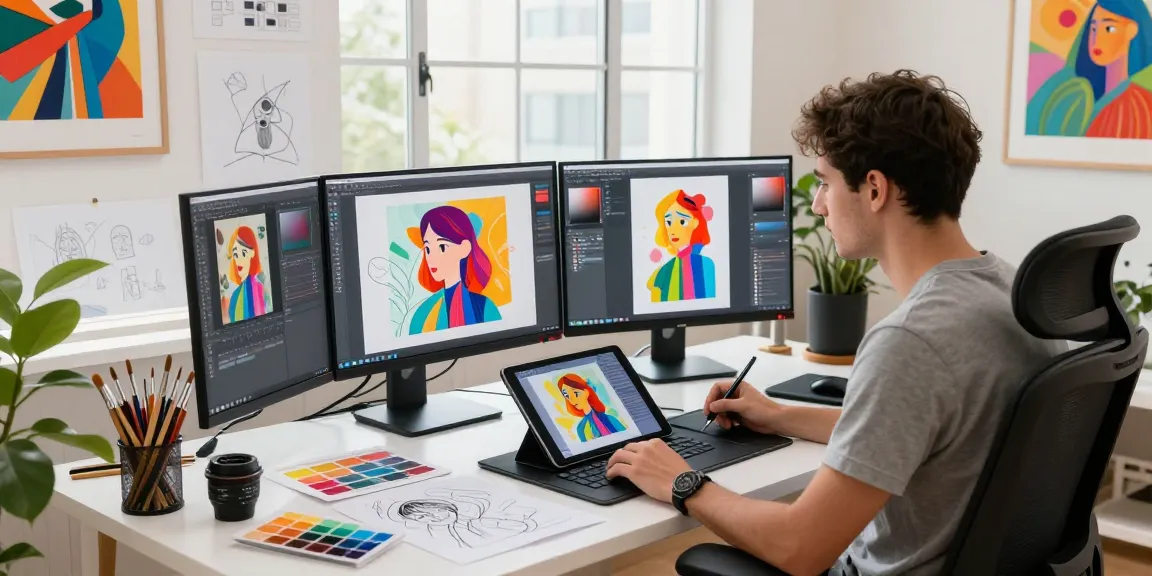 Artist using image to prompt tool to create AI art in a modern studio.