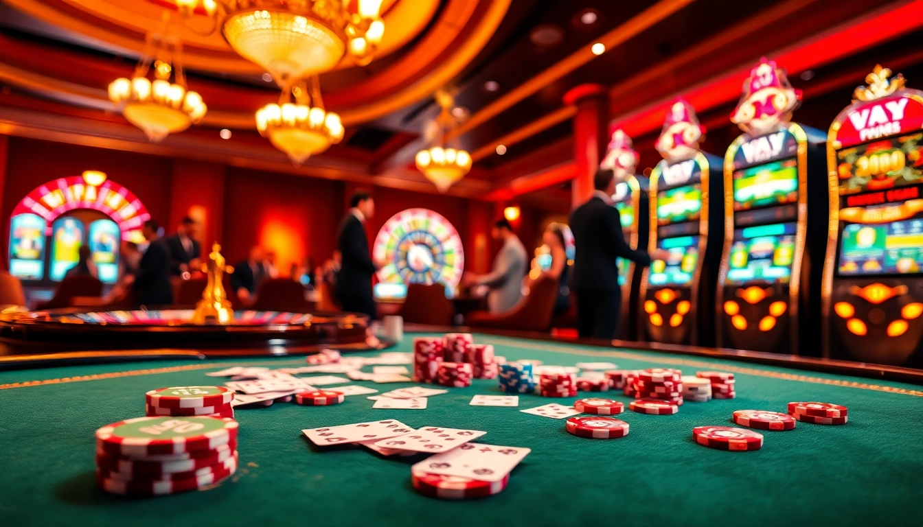 Experience the thrill of winning at the vibrant casino scene highlighting https://vz99.fans/ with poker chips and cards.
