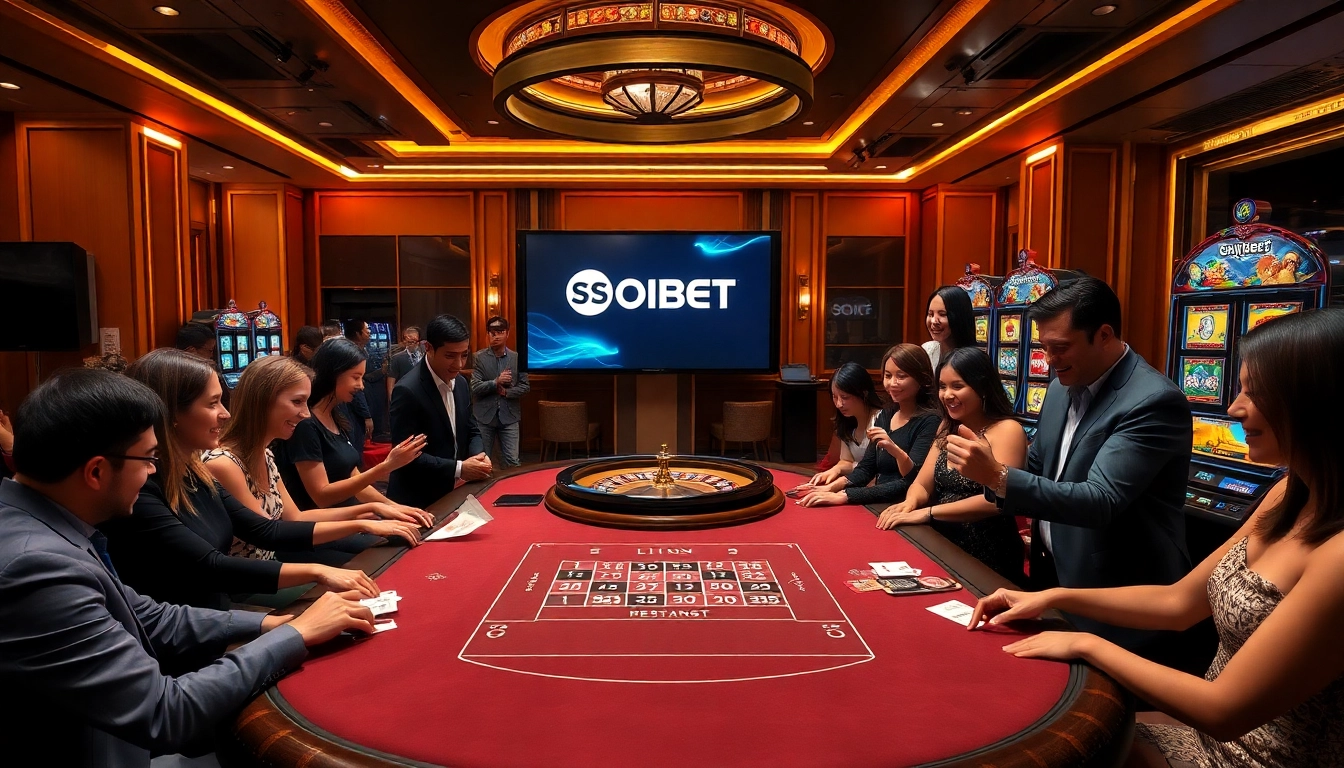 Experience excitement at SOIBET's luxurious gaming tables with vibrant poker chips and engaging players.