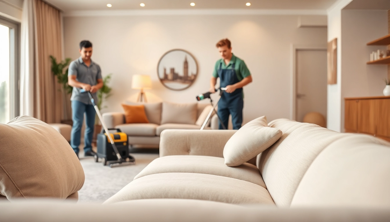 Couch cleaning in Glasgow showcasing a clean couch and professional cleaners in a modern setting.