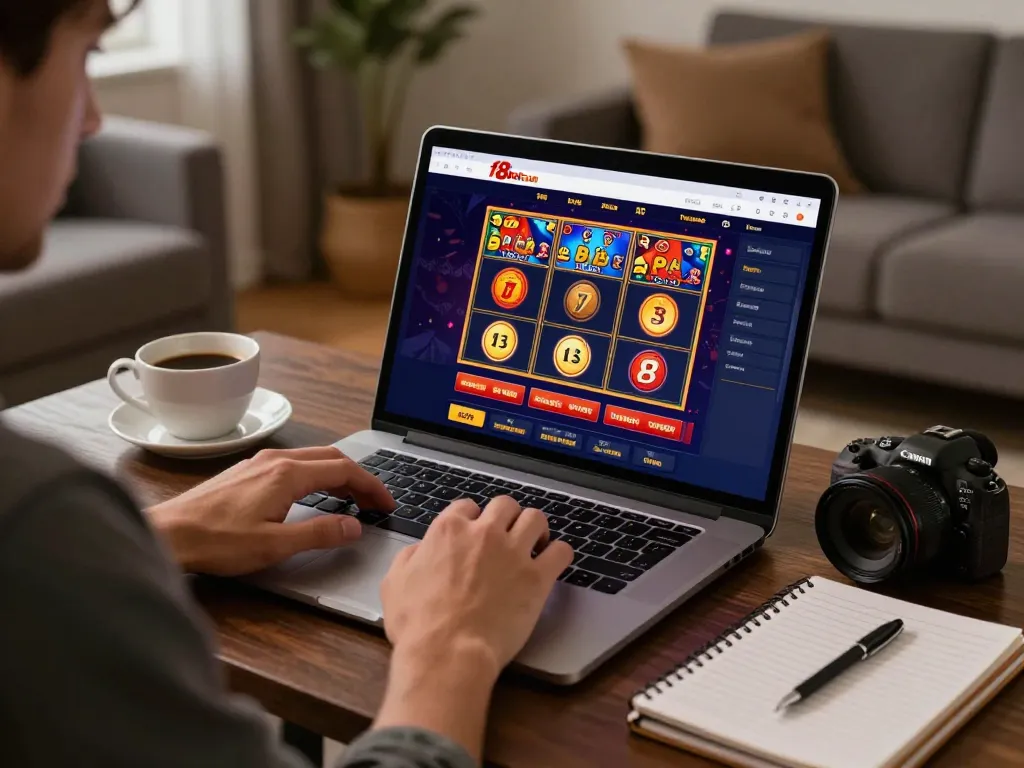 Player enjoying f8bet com online slots from home with cozy atmosphere and strategic notes nearby.