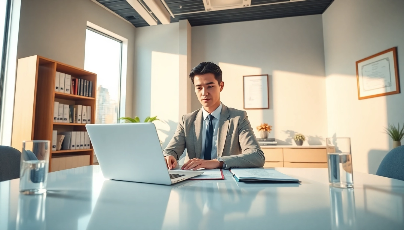 Sworn translator translating legal documents in a modern office.
