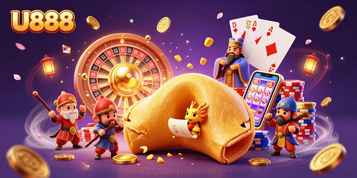 U888's thrilling casino experience with golden fortune cookie and animated characters amid cascading coins.
