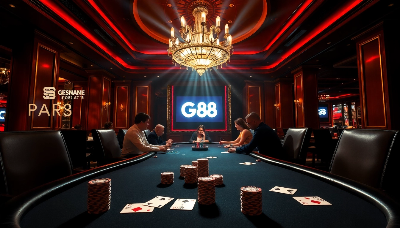 Players engaging in high-stakes poker at GG88 casino showcasing luxury and excitement.