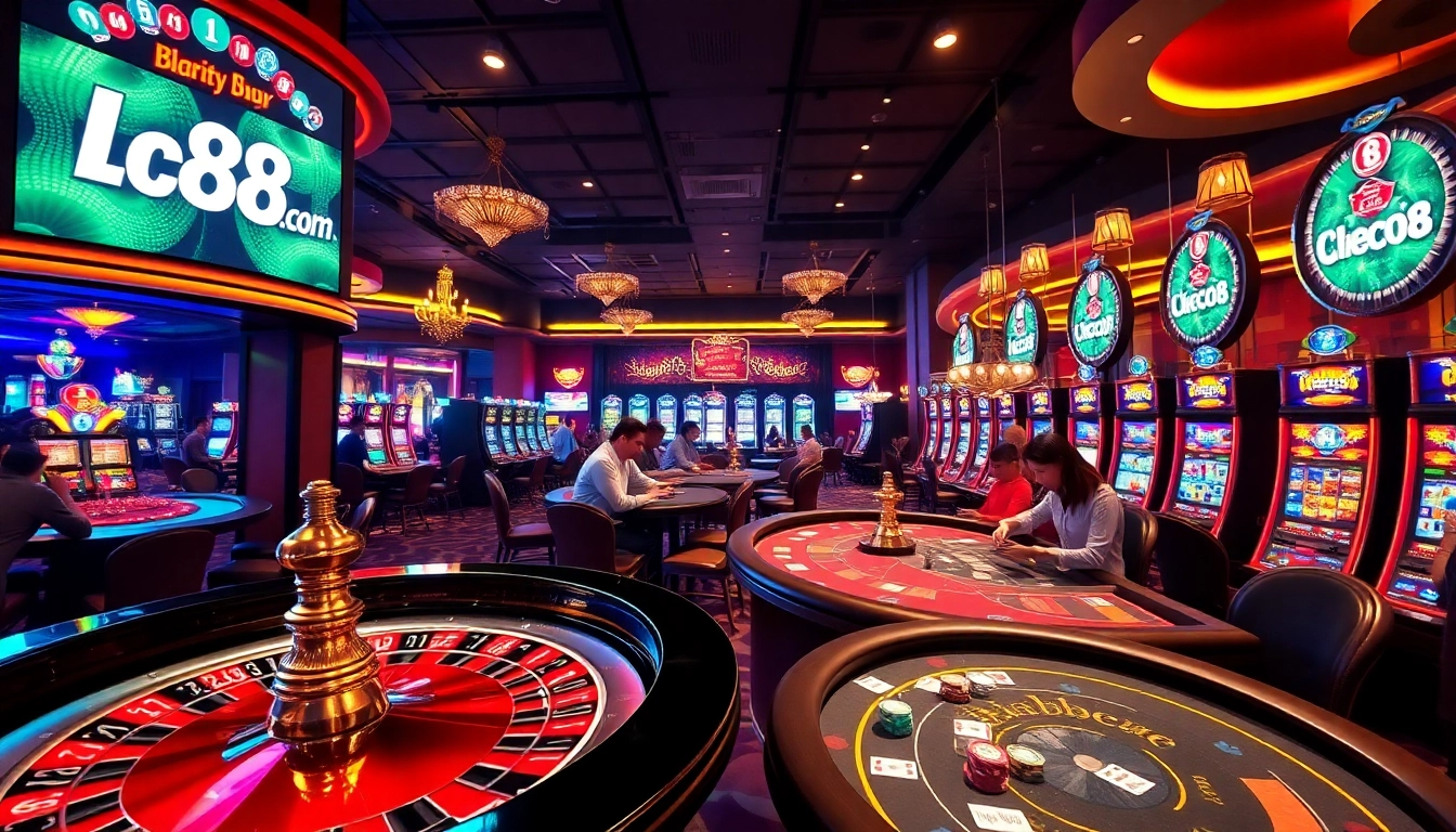 Engaging players enjoying games at Lc88 com casino, with vibrant roulette wheels and slot machines.