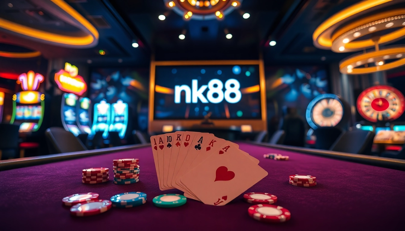 High-stakes poker game with vibrant chips and cards in a luxurious casino setting featuring nk88.