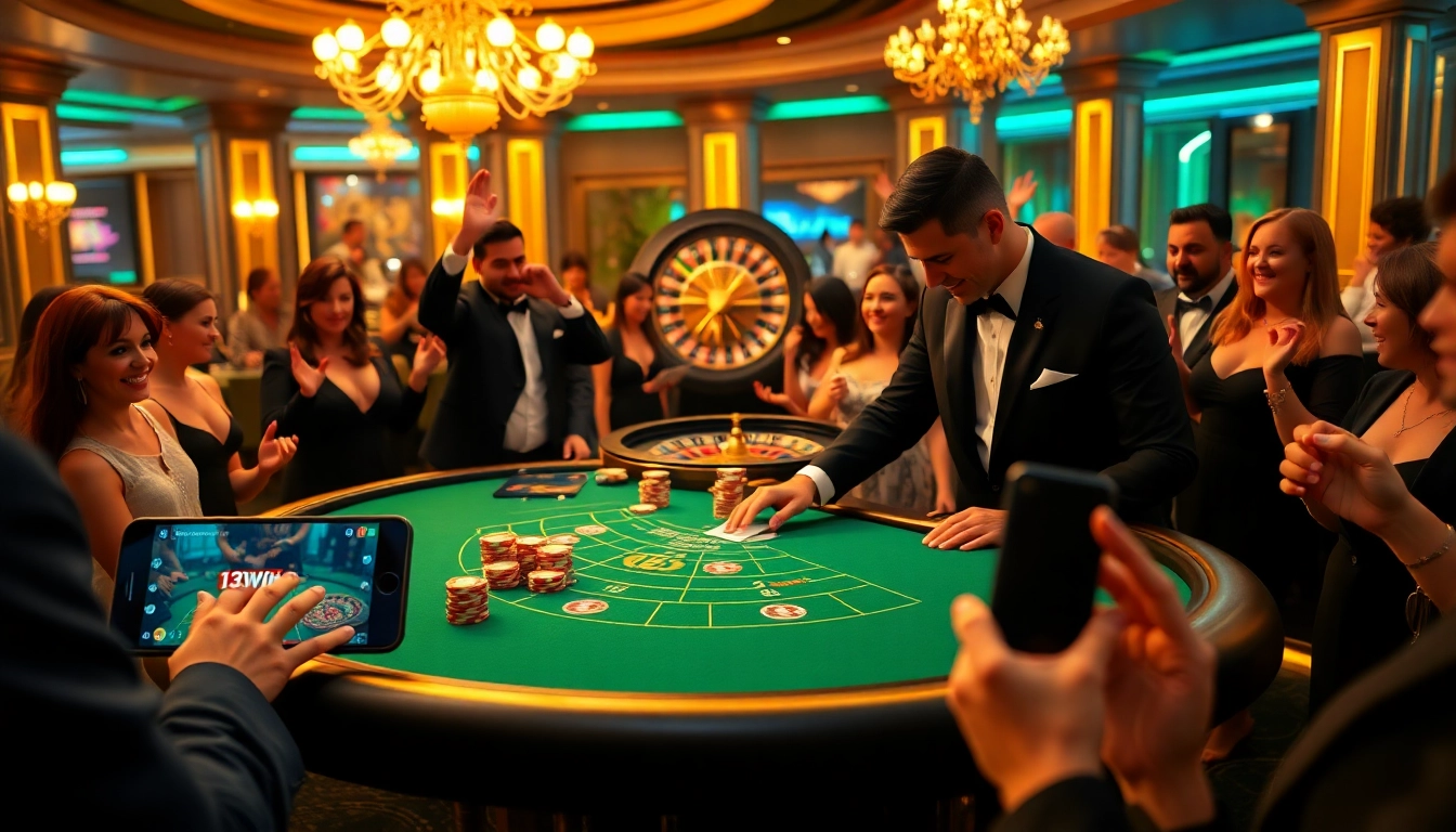 Players enjoying a thrilling session at 13Win casino table, with vibrant chips and cards.