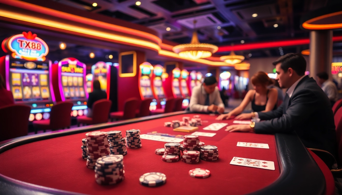 Experience the thrill of TX88 gambling at a luxurious casino table surrounded by vibrant lights.