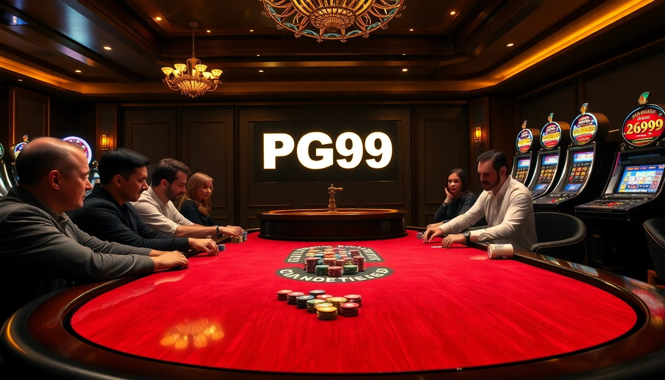 Players strategize at a high-stakes poker table in a luxurious casino with PG99 branding visible.