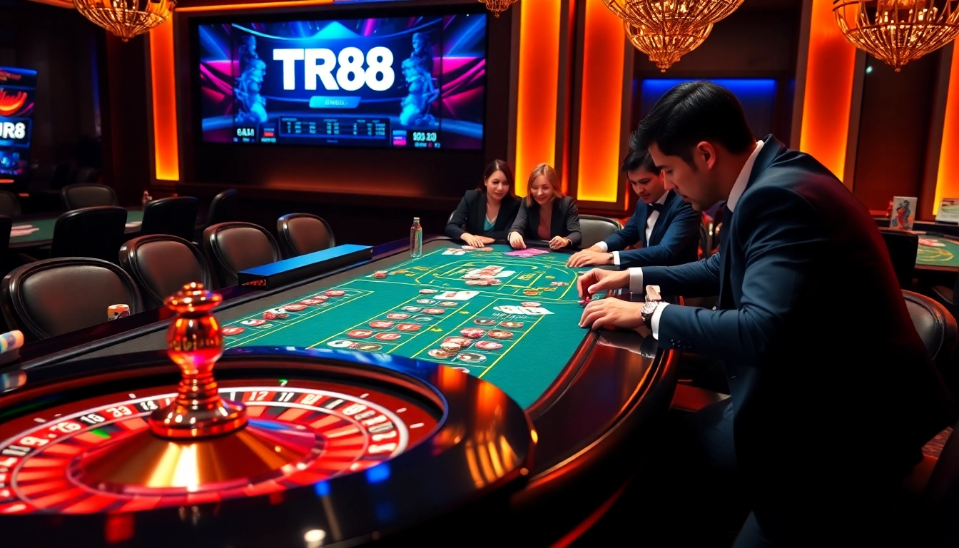 Players engaging in high-stakes poker at TR88's vibrant casino table.