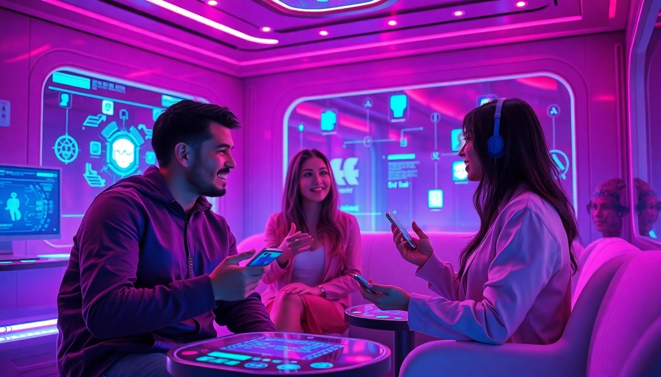 Engaging scene of ai sex chat with futuristic AI companions in an intimate virtual setting.