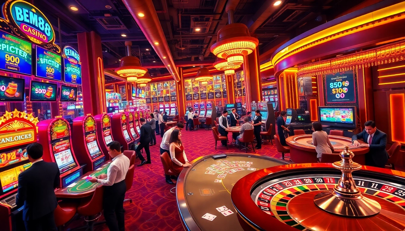 Witness gamblers enjoying thrilling games at bem88’s vibrant casino, surrounded by exciting slot machines and poker tables.