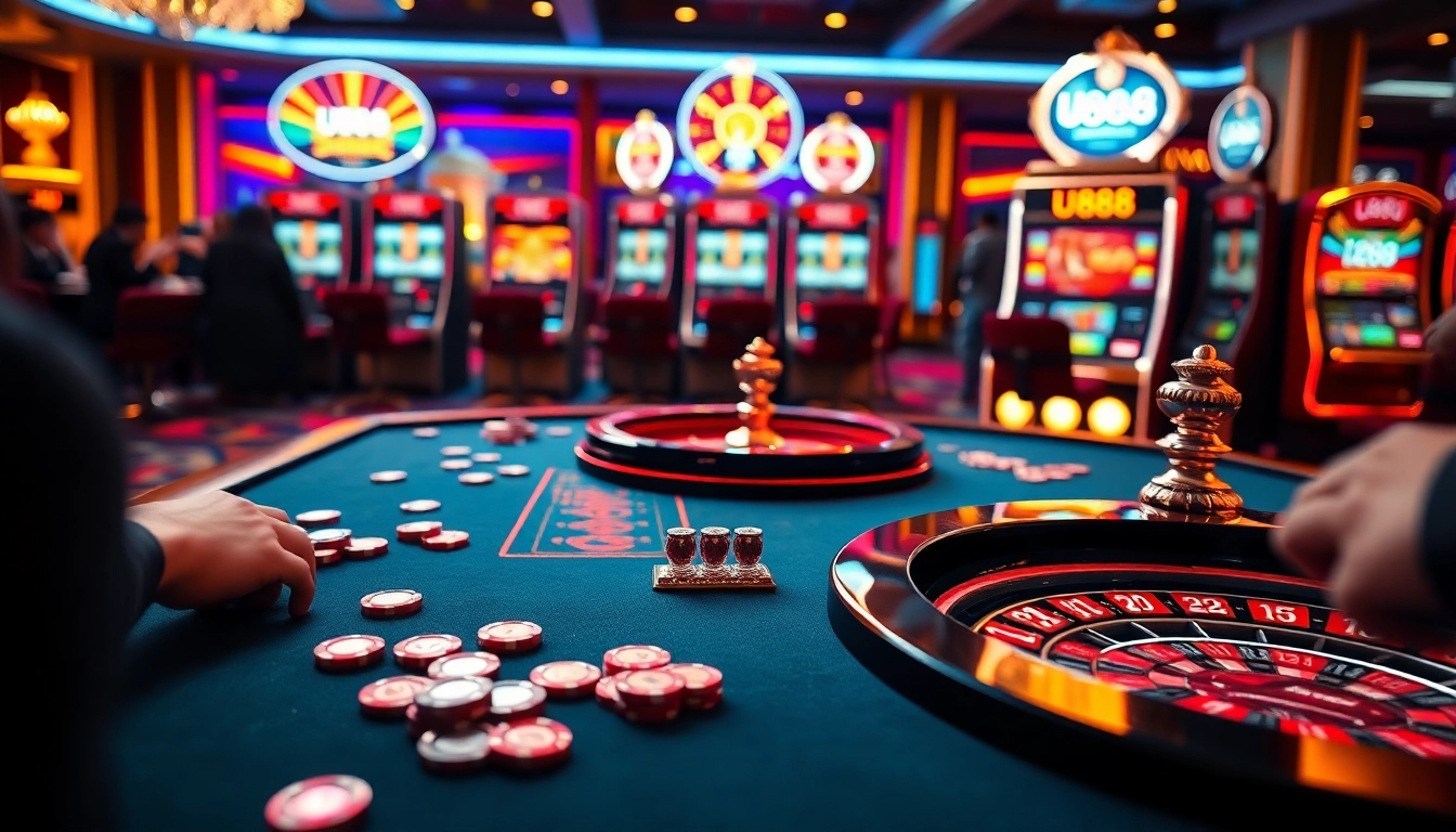 Exciting U888 casino gaming scene with roulette wheel, poker chips, and players enjoying the thrill.