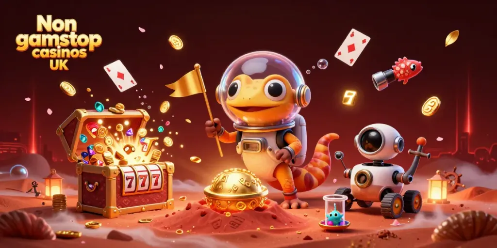 Experience the thrill of Non gamstop casinos UK with vibrant 3D Martian casino exploration illustration