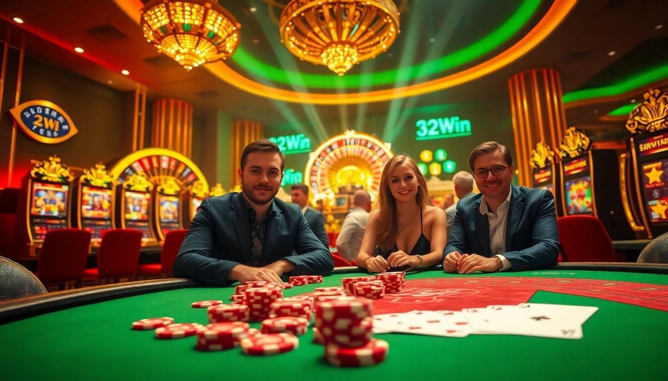 Experience the thrill of 32win at an upscale poker table filled with colorful chips and excited players.