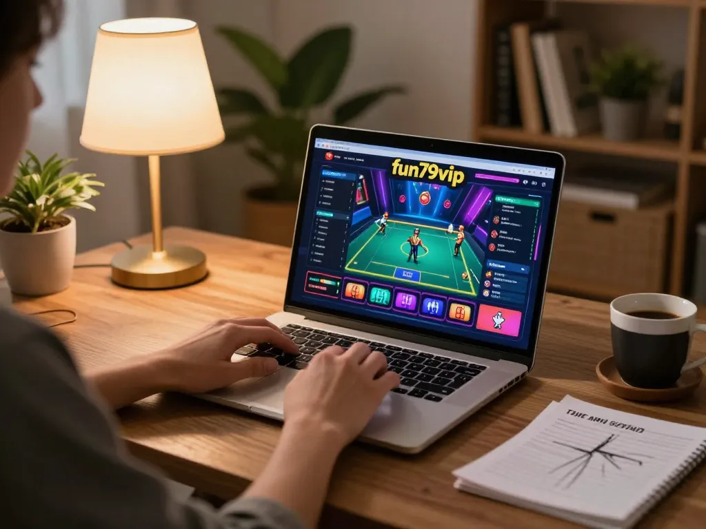 Engaging online gaming moment on fun79vip showing player immersed in action with laptop and strategy notes.