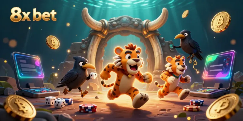 Experience the excitement of 8x bet at a vibrant prehistoric casino with Bitcoin and Ethereum elements.
