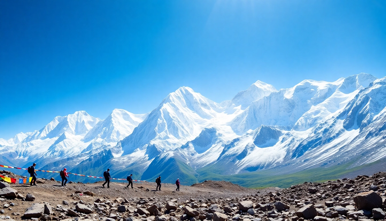 Everest base camp trek packages showcasing vibrant trekkers amidst stunning Himalayas.