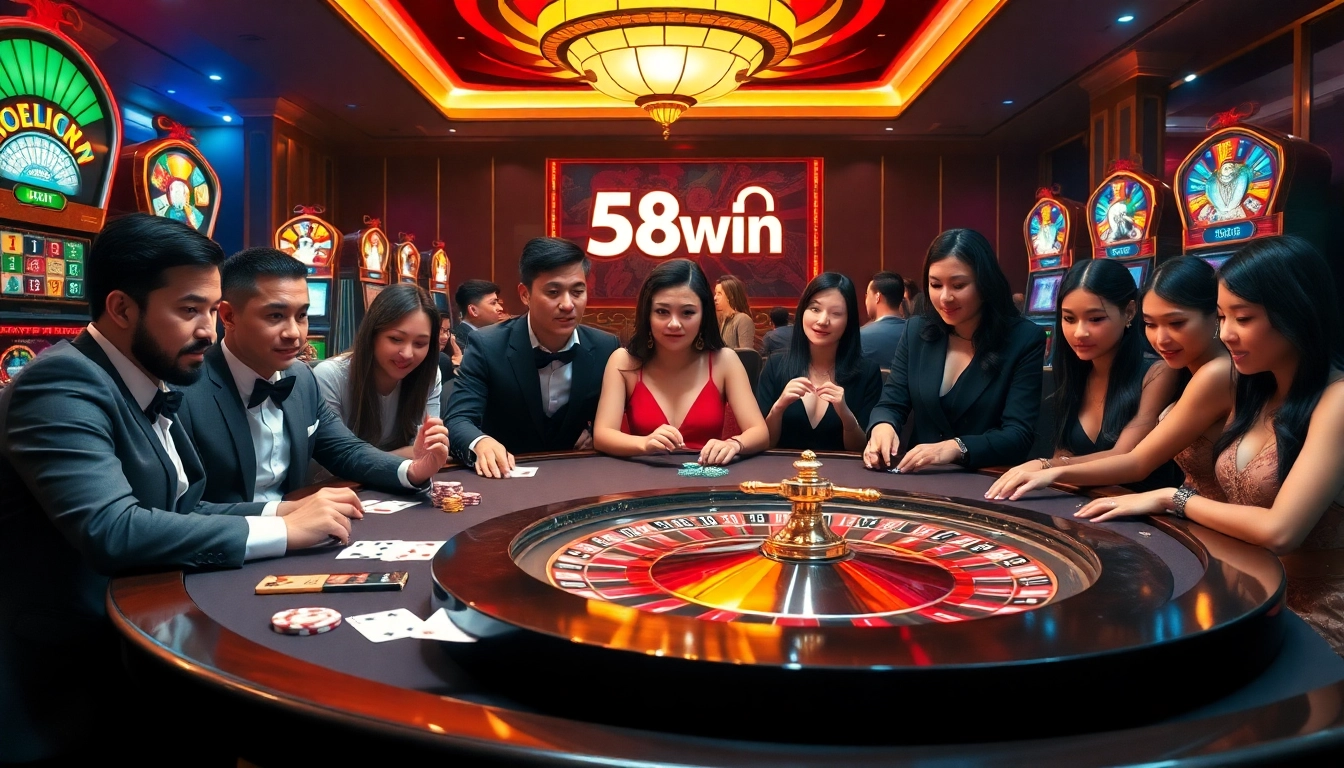 Experience the thrill of 58win with a vibrant casino scene featuring poker chips and roulette.