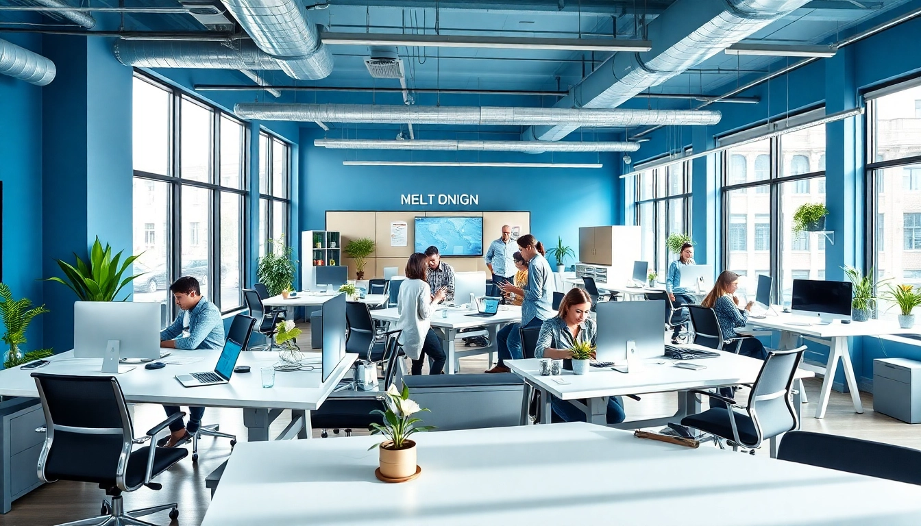 Showcase a dynamic team at a website design agency brainstorming innovative ideas in a modern office.
