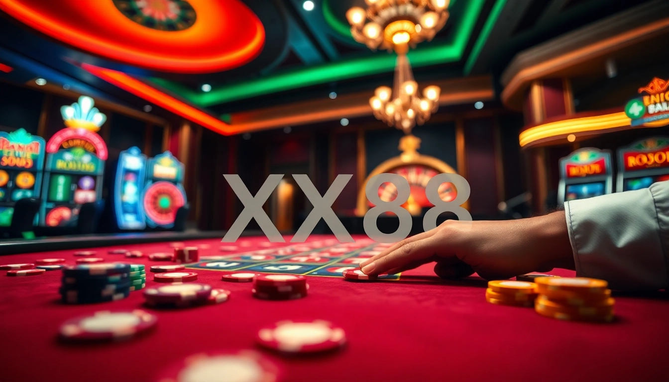 Experience the thrill of XX88 at a vibrant casino poker table filled with colorful chips.