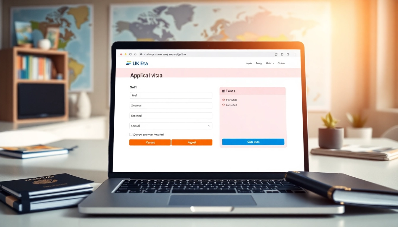 Streamlined uk eta online application process exemplified by a professional laptop setup.