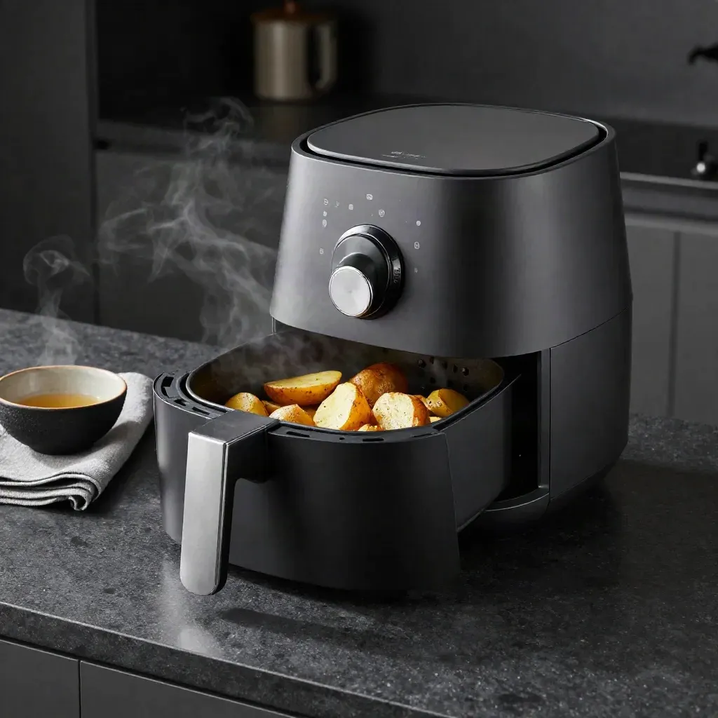 Compact air fryer with potatoes and linen towel on a dark countertop, lit dramatically.