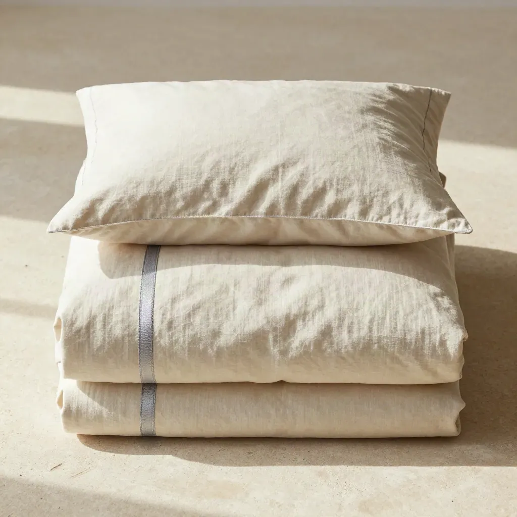 Overhead flatlay of pale oat bamboo bedding set folded on brushed linen with soft silver accents.