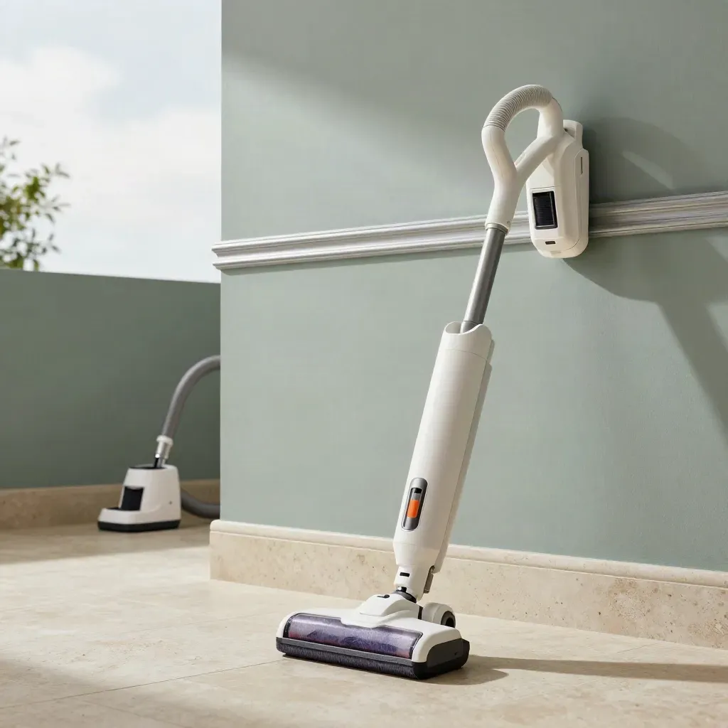 Low-angle hero shot of a cordless vacuum with wall mount and accessories in a bright utility room.