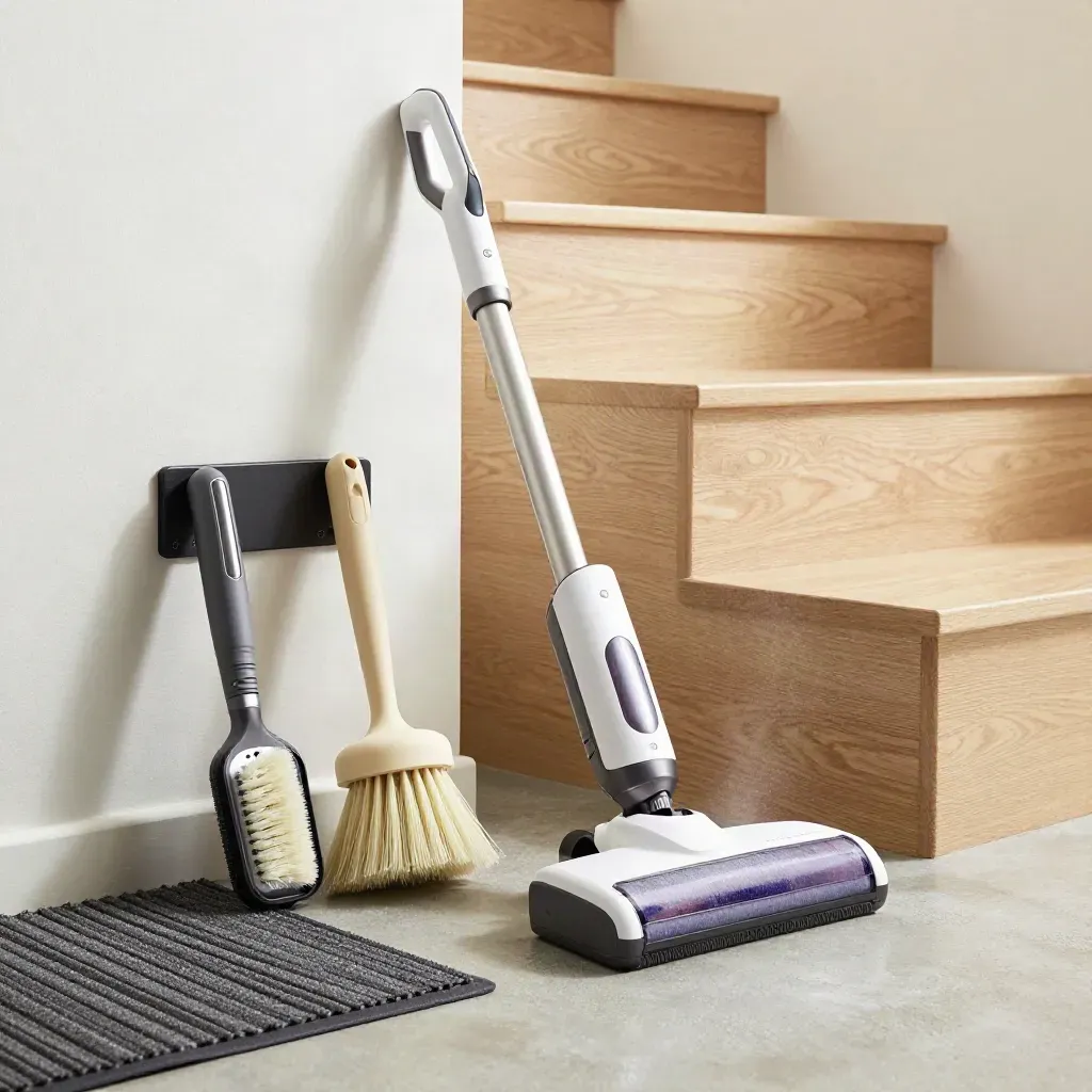 Floor-level view of a cordless handheld vacuum with tools beside a stair and car-mat swatch