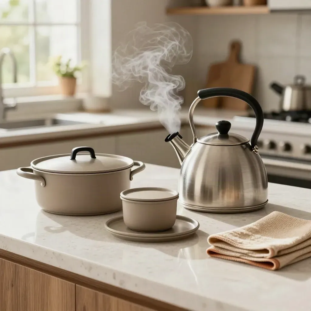 Steaming kettle with saucepan, storage tubs, and folded cloths on a pale quartz kitchen island.