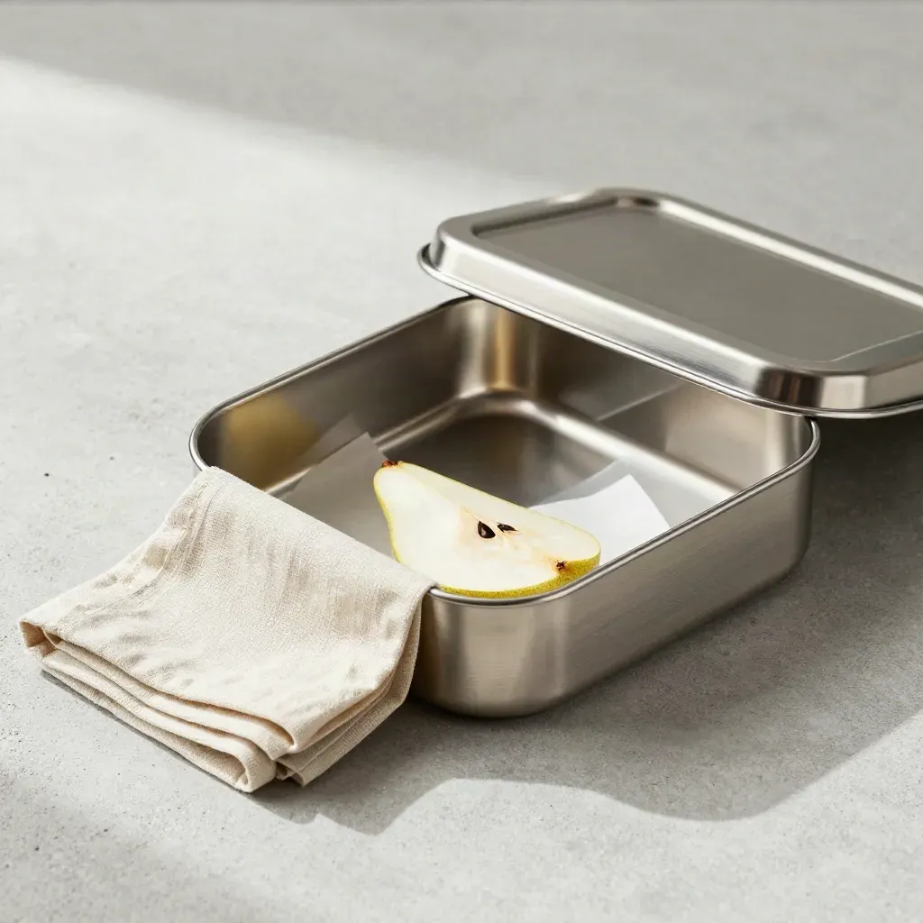Open stainless lunch box with napkin and pear slice on parchment, top-down flatlay