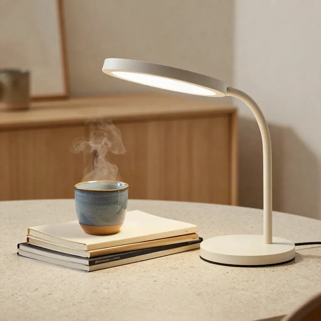 Off-white desk lamp lighting notebooks and a blue-glazed cup on travertine.
