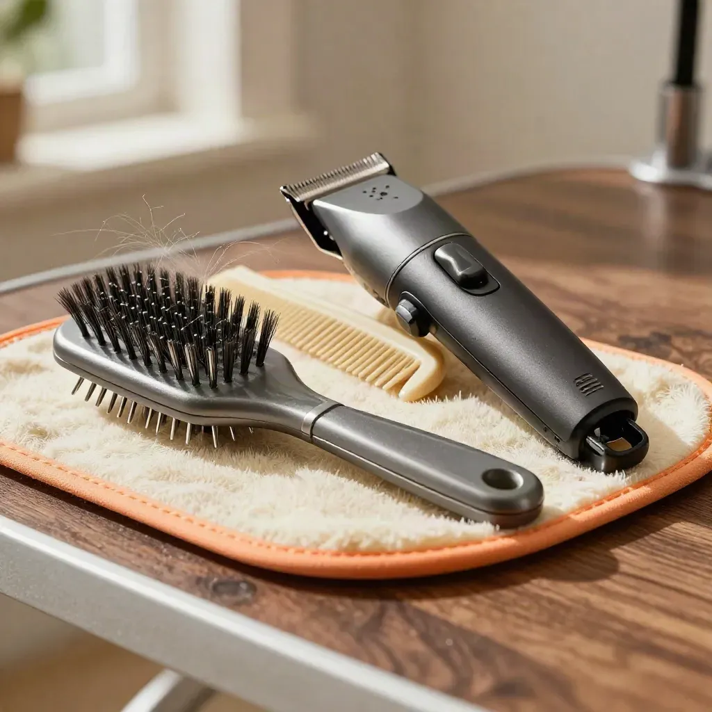 Pet grooming kit with brush, comb, clipper and mat on walnut surface.