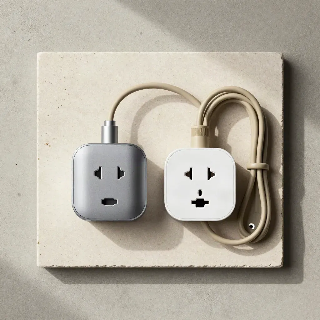 Overhead flat lay of two smart plugs, coiled cable, lamp base and fan cord on pale stone