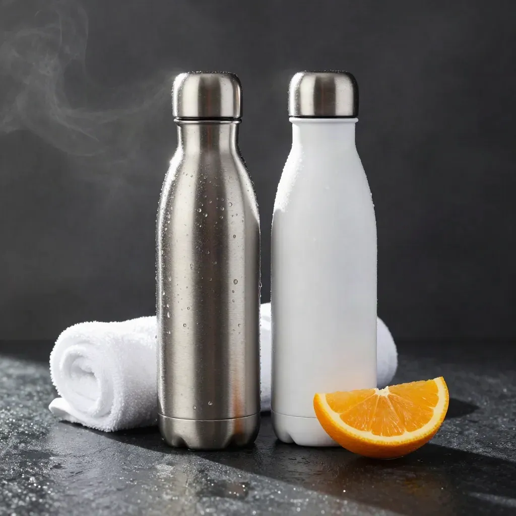 Condensation-beaded reusable bottles with towel and citrus on a dark studio stone surface.