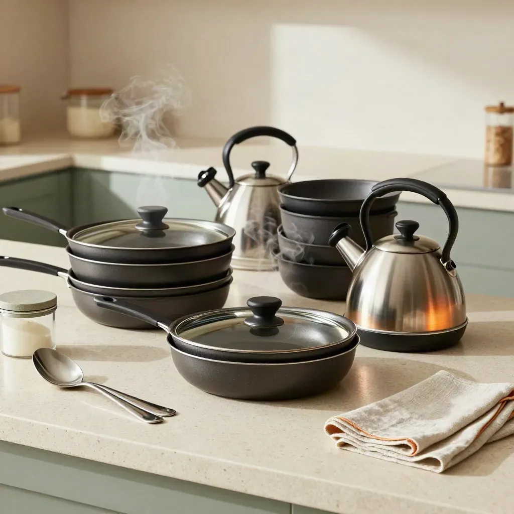 Kitchen essentials mid-surge: pans, kettle, jars and utensils on a travertine counter