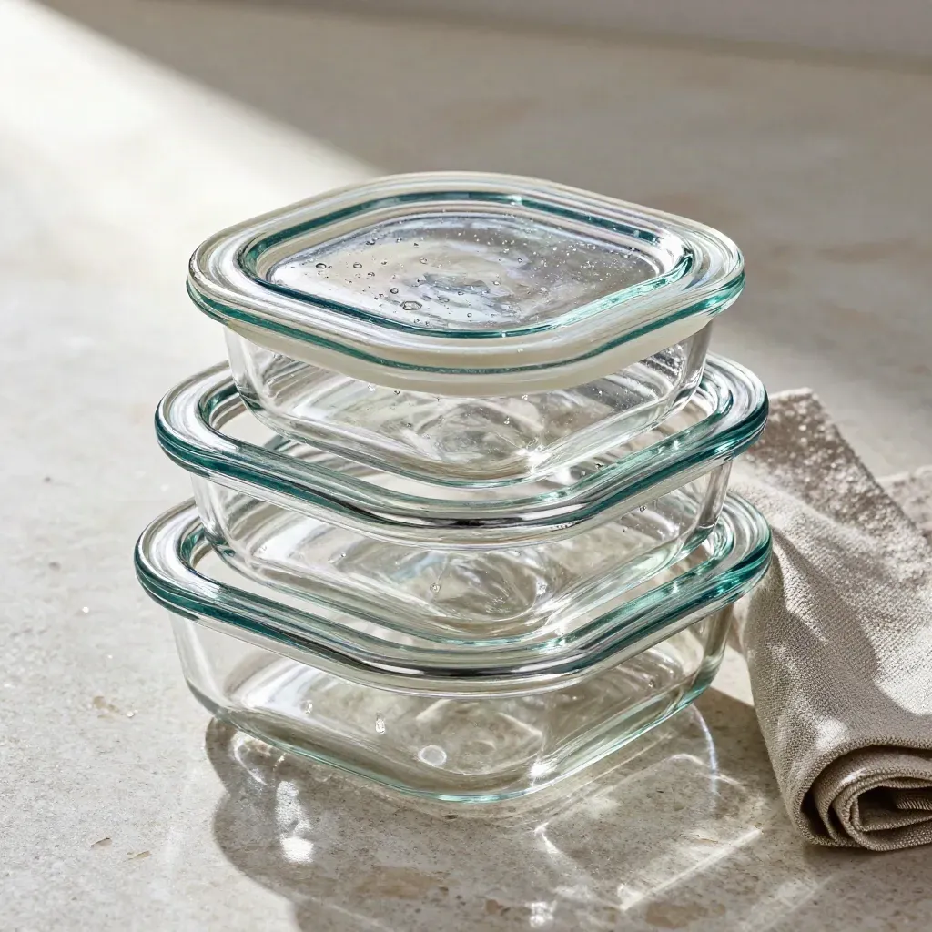 Glass food storage containers stacked on travertine with a linen napkin and water droplets