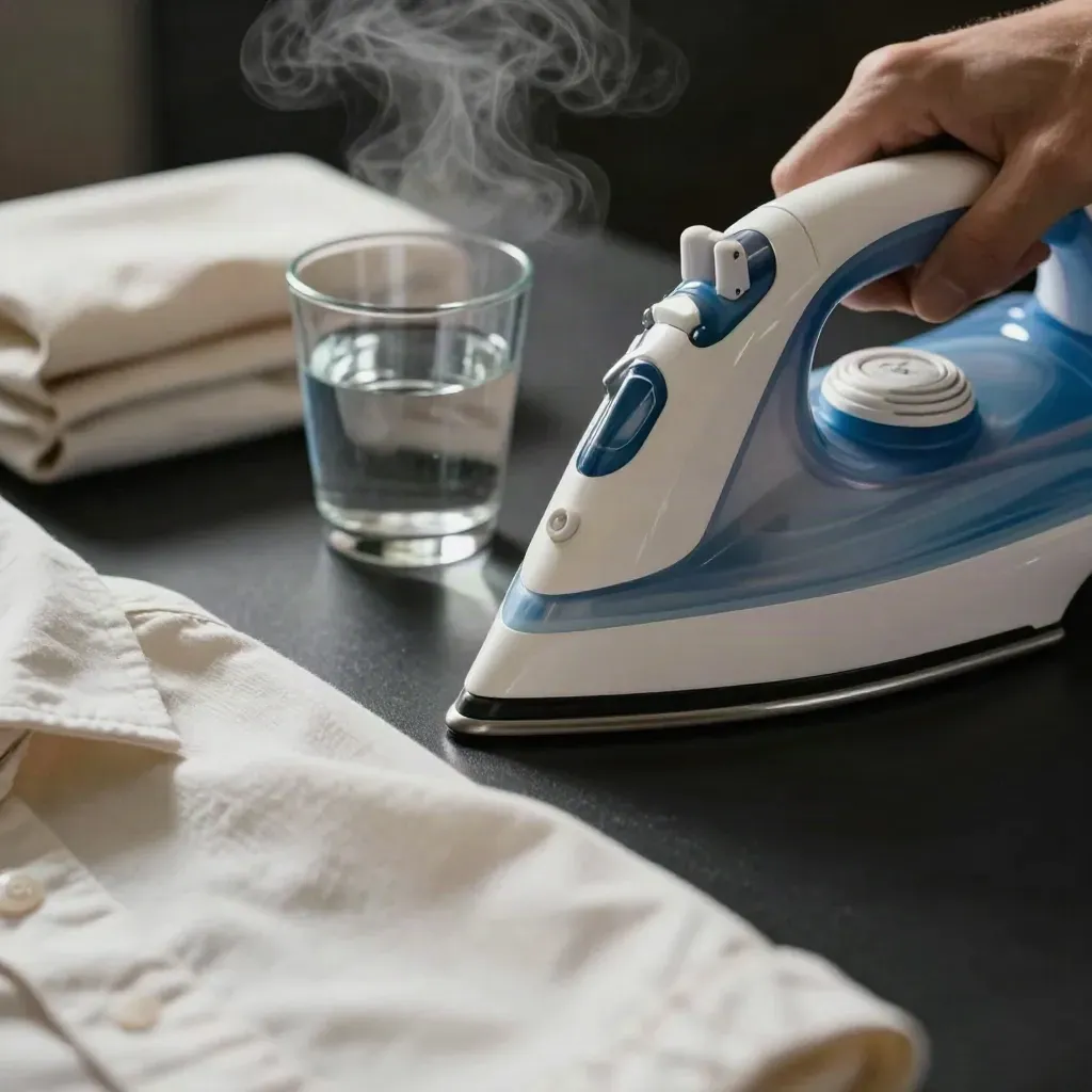 Mini steam iron beside a folded shirt, water cup, and pouch with rising steam.