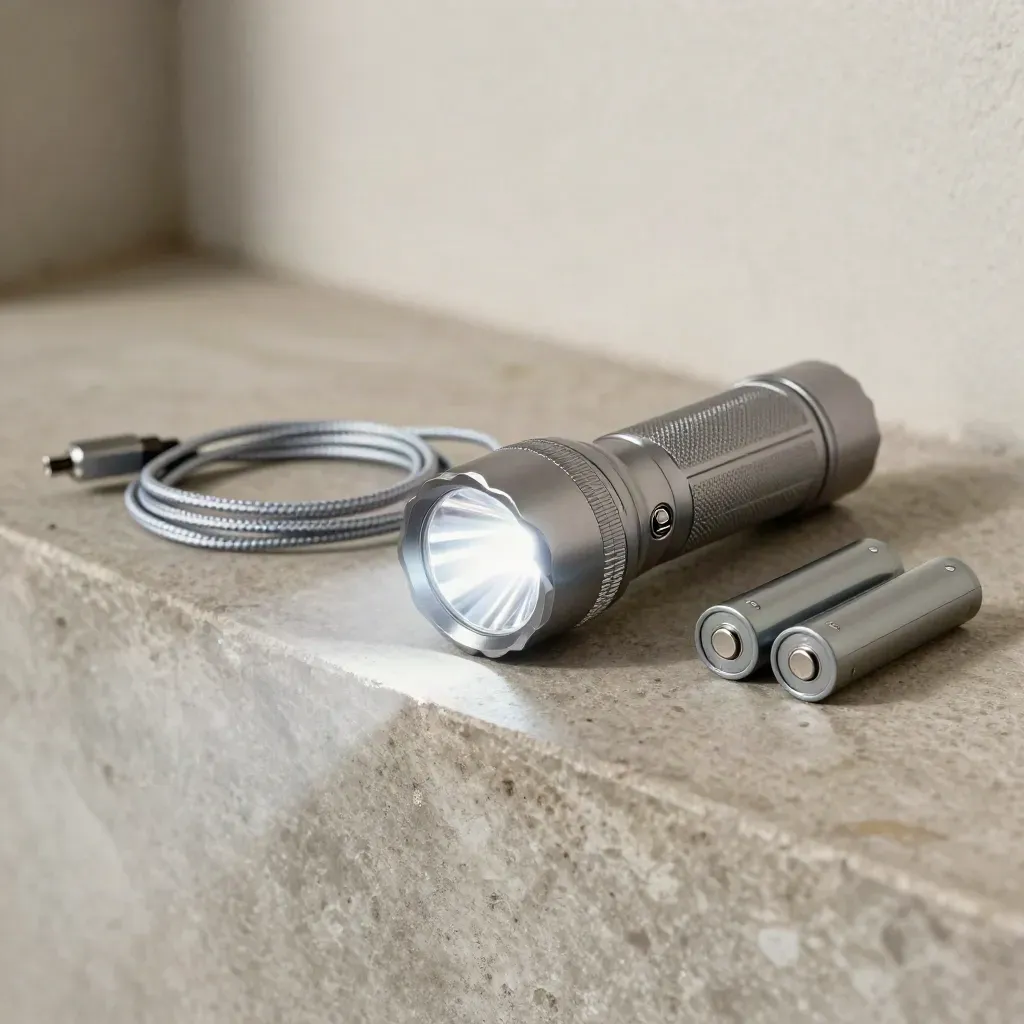 Flashlight, USB-C cable and batteries on stone ledge, beam turning on