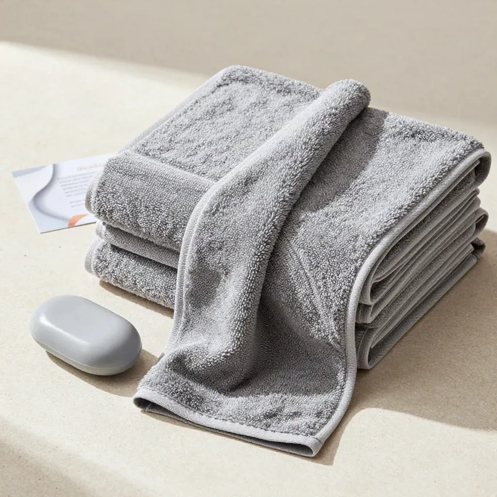 Grey bath towels stacked flatlay with soap bar on pale stone background
