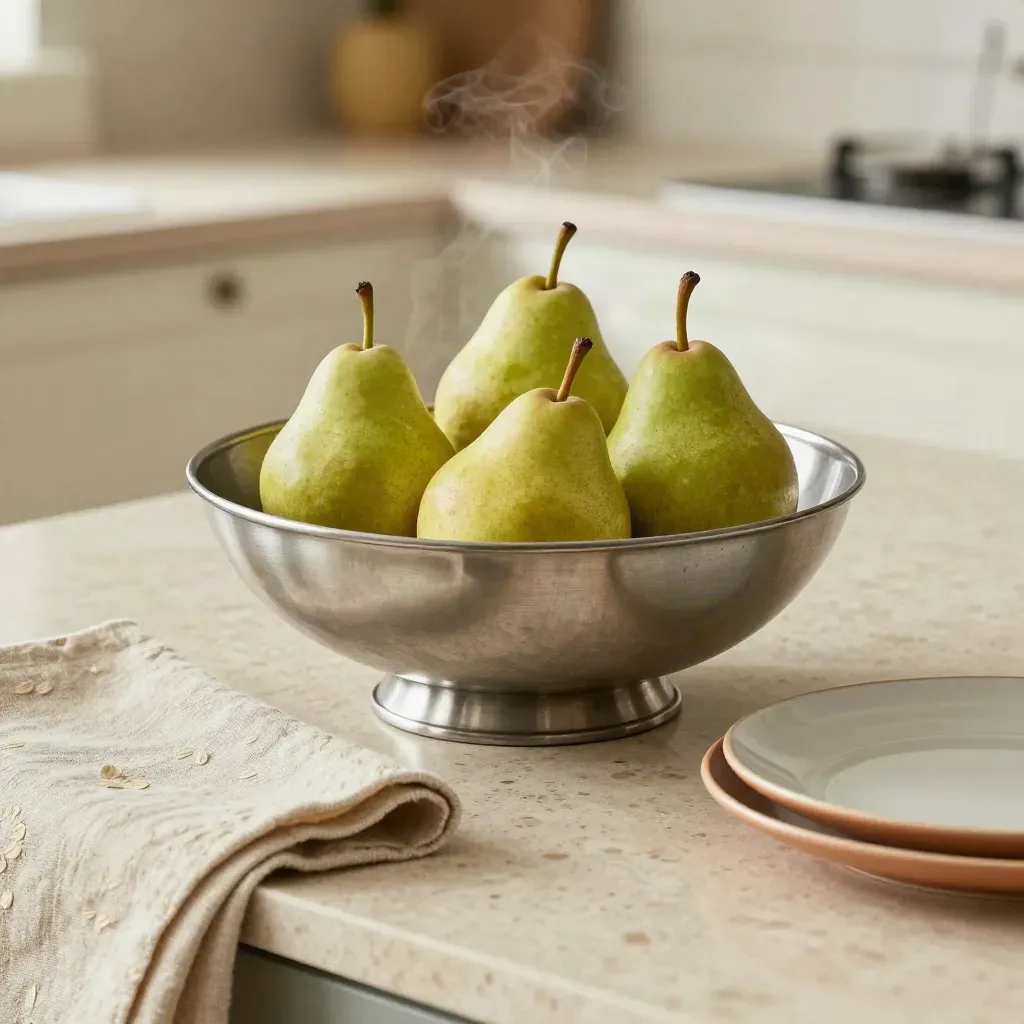 Brushed metal fruit bowl with green pears, linen runner and ceramic plate in soft daylight.