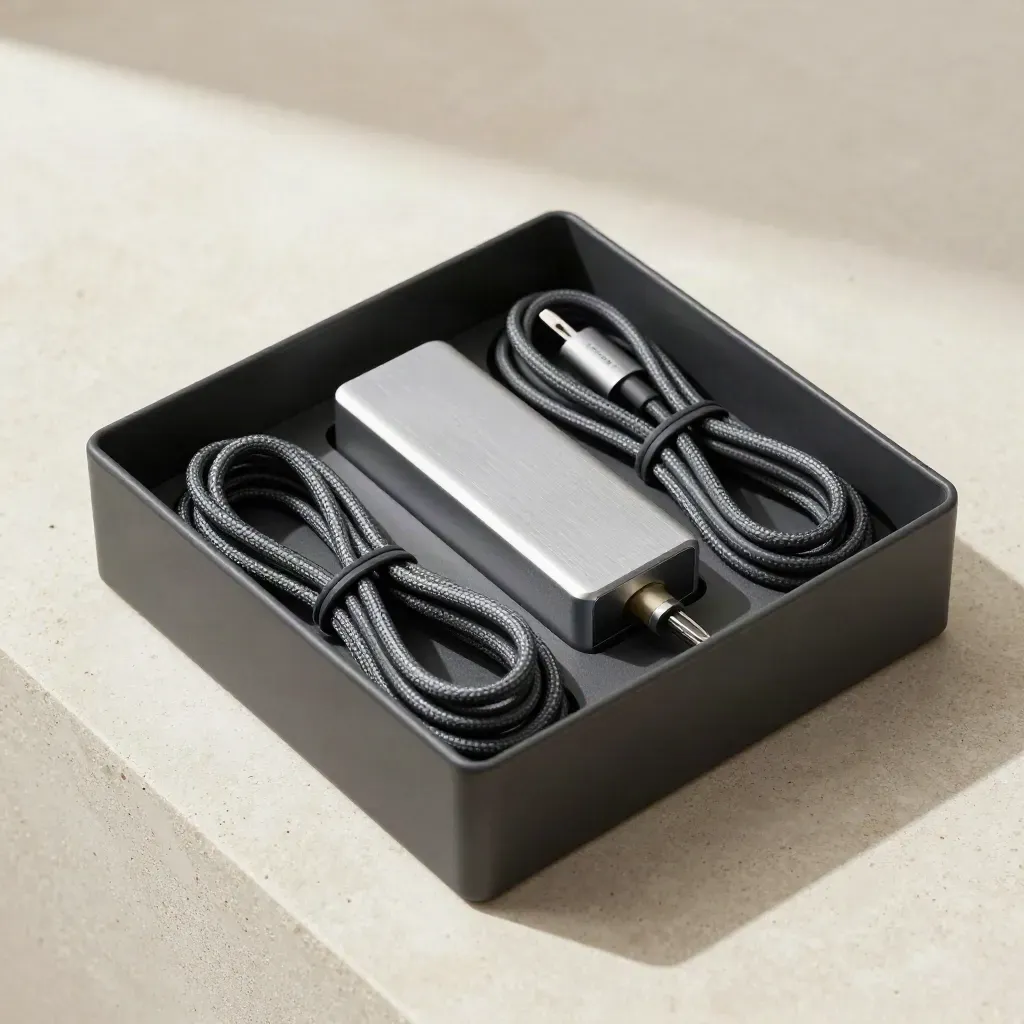 Charcoal cable organiser box with braided cords, charger, and coiled leads on concrete.