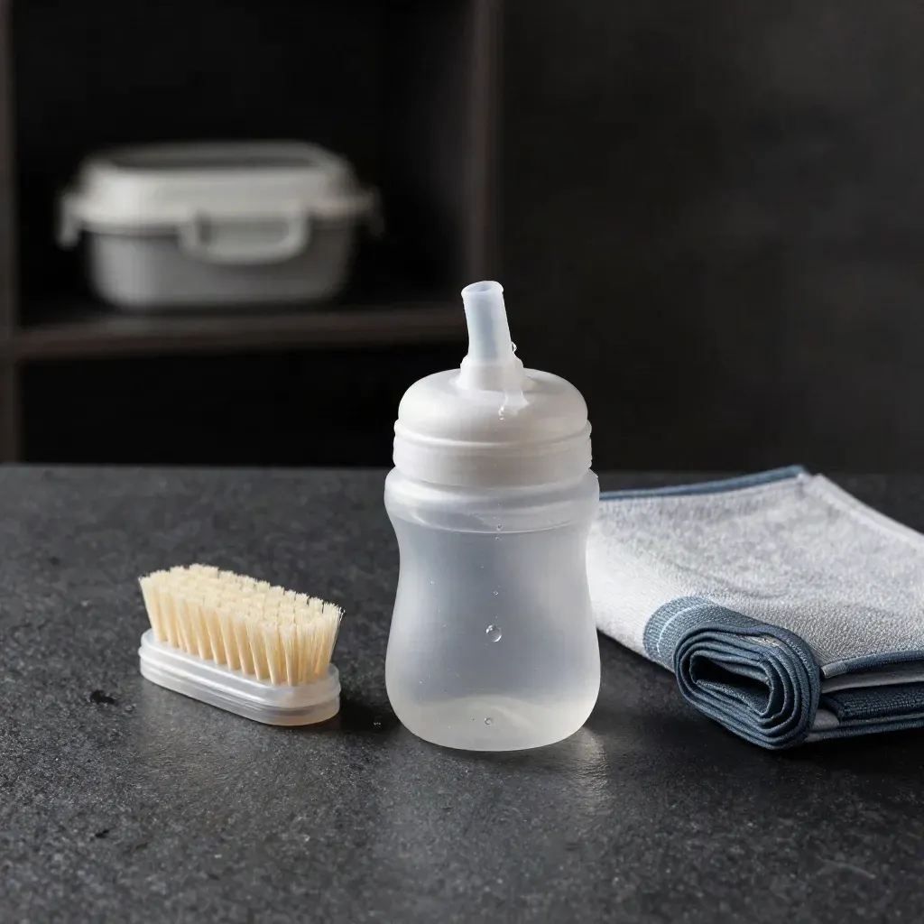 Kids water sipper with brush and lunch mat on a dark studio surface, lit dramatically