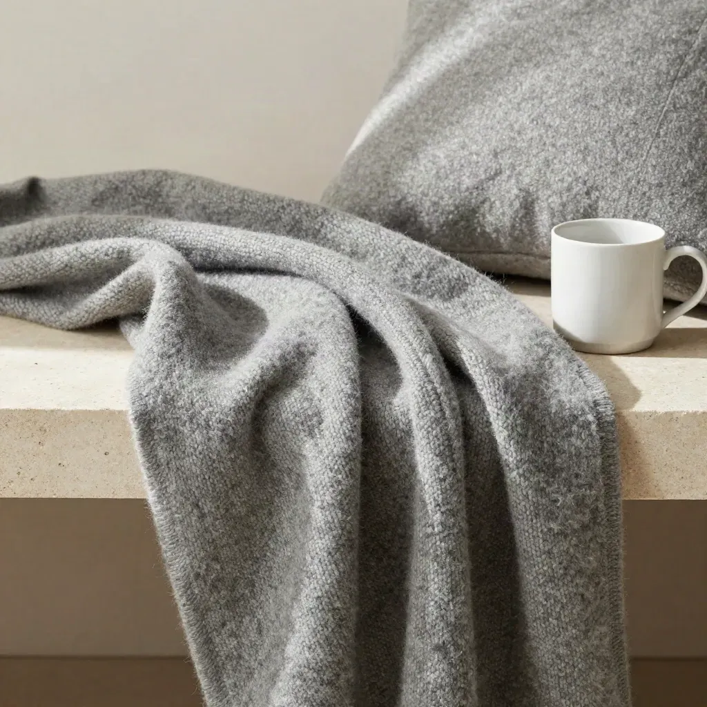 Macro of a grey woven throw blanket with wool cushion and white mug on a stone bench.